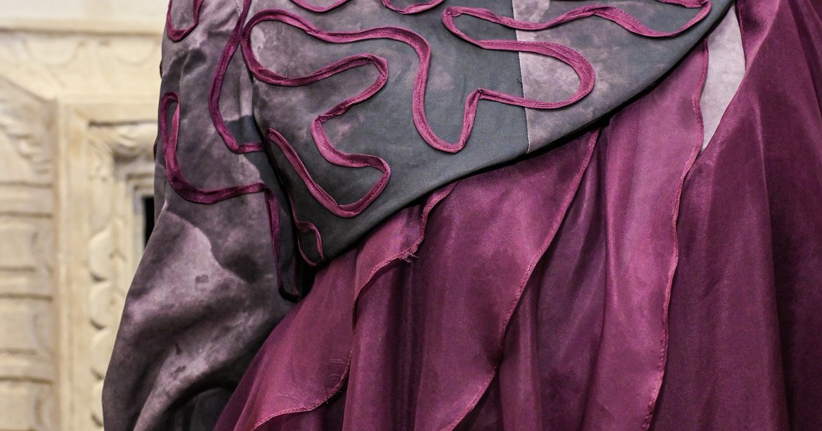 burgundy taffeta dress with embroidery on mannequin