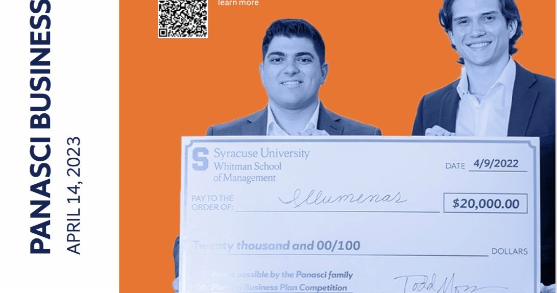 2022 Panasci Business Plan Competition winners Justin Monaco and Bruno Gonzalez-Hauger hold an oversized $20,000 check