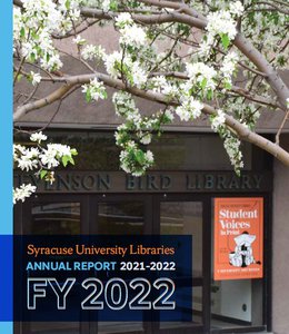 cover of 2022 annual report with front door of Bird Library, cherry blossom tree in foreground