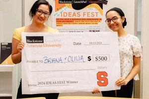 2024 IDEAS FEST competition winners Briana Alexis Salas ’27 (S.I. Newhouse School of Public Communications) and Olivia Venezia Simons ’26 (S.I. Newhouse School of Public Communications and Martin J. Whitman School of Management)