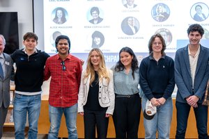 2025 Impact Prize Winners: (left to right) Dean of Libraries David Seaman, Dylan Bardsley, Rajdeep Chatterjee, Samantha Kurland, Carolina Aguayo-Pla, Ava Lubkemann, Jacob Kaplan, and Haley Greene