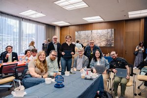 Graduate student employees and librarians at the Student Employee Awards Celebration, Bird Library, April 23, 2025.