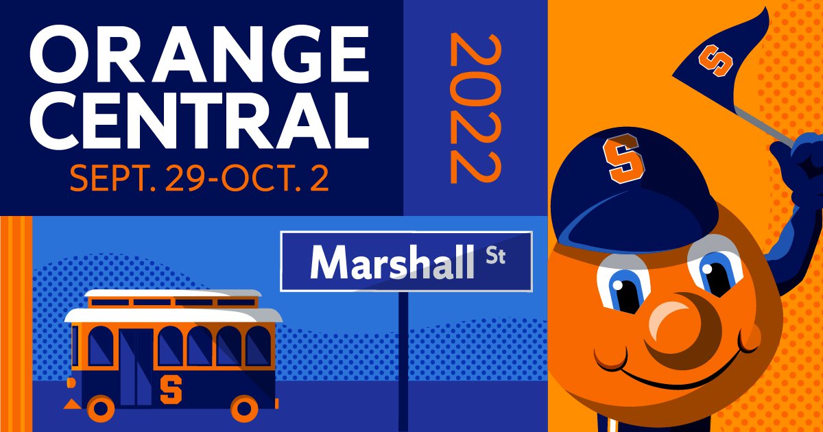graphic in orange and blue with Syracuse trolley, Marshall Street sign and Otto the Orange