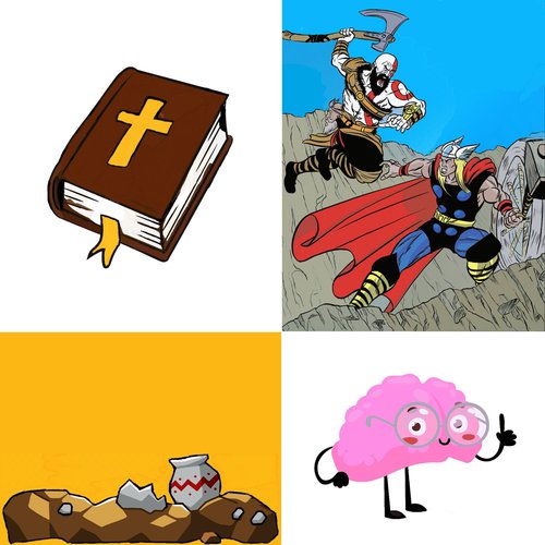 2nd floor Playlist. four drawings: brown cover book with yellow cross on cover; super hero and villain battling on rock; rocks with broken jar; pink brain wearing glasses