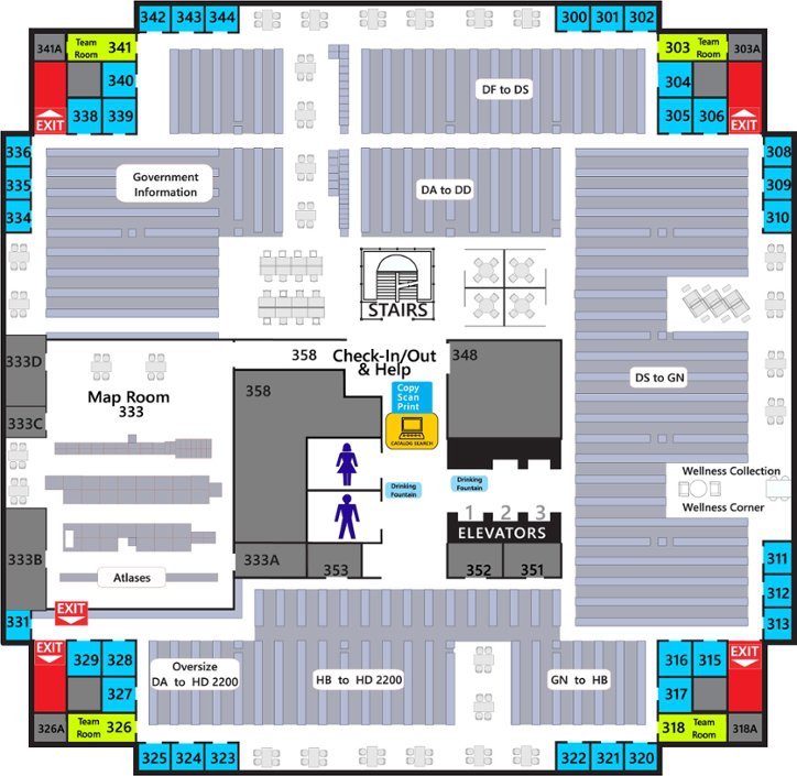3rd floor floor plan includes room numbers and open seating on outside perimeter, Oversize and DA to HB stacks to south, Map Room and Atlases and Government Information on west, DA to DS stacks to north, washrooms and elevators in the middle as well as Check-in and Check-out and stairwell, DS to GN stacks to east