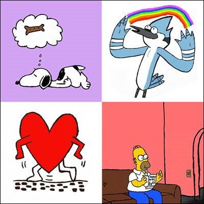Bird Library 3rd Floor Playlist. 4 images: snoopy dog dreaming of bone; blue jay bird and rainbow; red heart with walking feet and hands; bart simpson sitting on couch