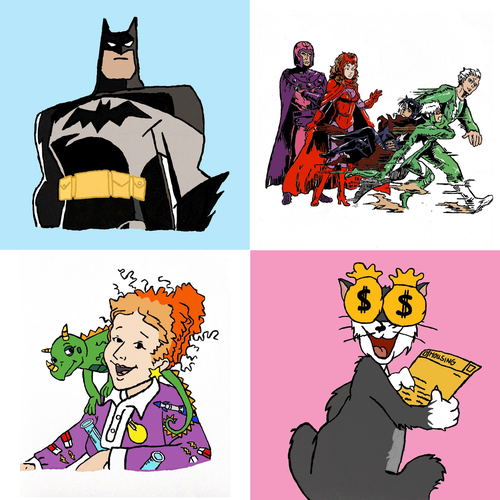 4th floor Playlist. 4 images: batman character; superheroes wearing costumes; mrs. frizzle with iguana on shoulder; cat with money signs for eyes