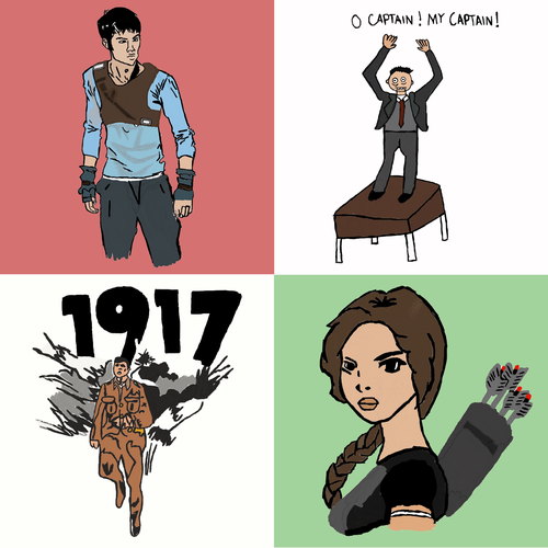 5th floor Playlist. 4 images: man wearing blue shirt; man wearing suit and standing on chair with words &#x27;o captain! my capitain&#x27;; man wearing soldier uniform with 1917 above him; woman with hair braided and holding arrows over shoulder