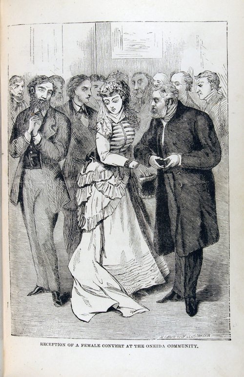 Cartoon of unattractive men surrounding attractive 19th century woman