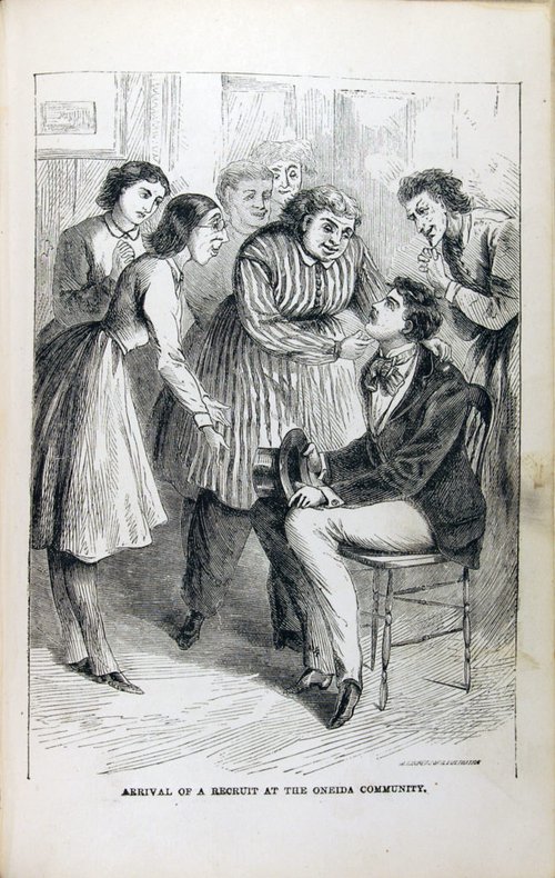 Cartoon of unattractive women surrounding attractive 19th century man