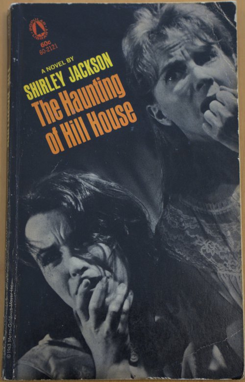 Cover of The Haunting of Hill House by Shirley Jackson with black and white cover image of two scared people