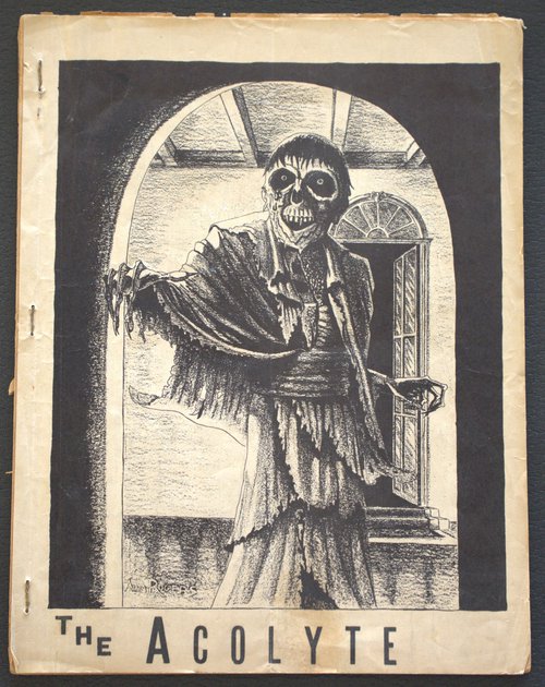 Illustration of a zombie-like figure in a door way with title "The Acolyte"