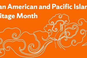 orange background with squiggly white lines and words Asian American and Pacific Islander Heritage Month in white