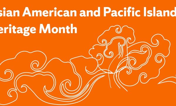 orange background with squiggly white lines and words Asian American and Pacific Islander Heritage Month in white