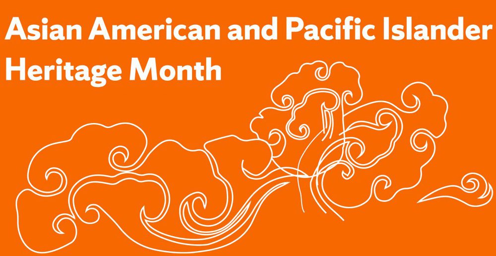 orange background with squiggly white lines and words Asian American and Pacific Islander Heritage Month in white