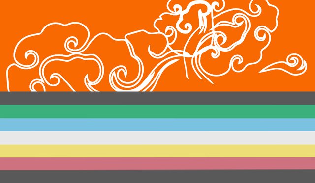 Collage of AAPI Heritage symbolism with orange background and white outlined clouds and wind, and rainbow Disability Pride flag with gray, light green, light blue, white, light yellow, light pink, and gray