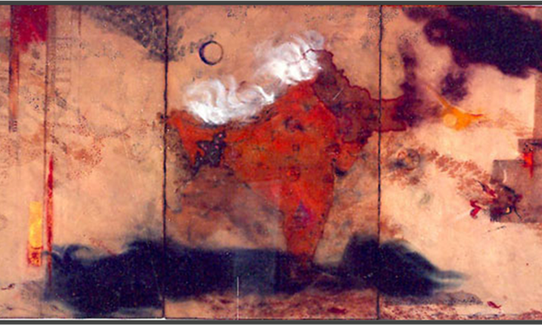 abstract art of red shape with white above it on yellow, black and beige