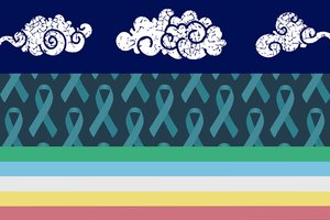 clouds, teal ribbons, rainbow stripes