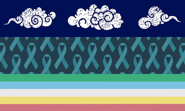 clouds, teal ribbons, rainbow stripes