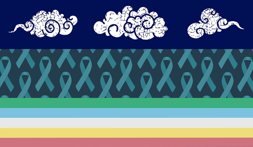 clouds, teal ribbons, rainbow stripes