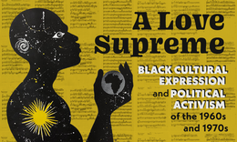 yellow background with black profile outline on right side and title of exhibition on left
