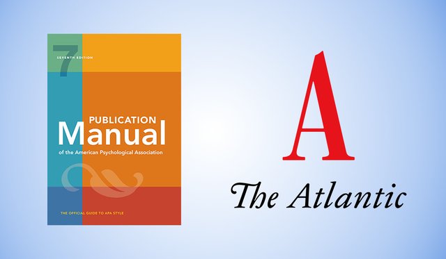 Light blue and white subtle gradient background with cover of the APA Style Manual and logo for The Atlantic newspaper