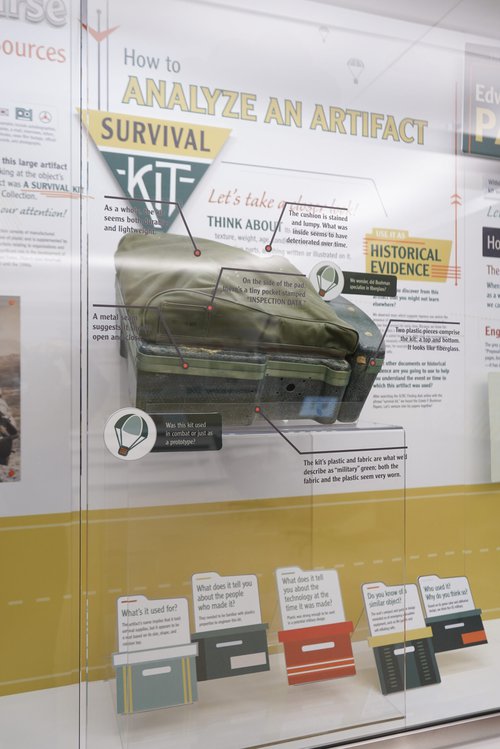 A close up on the Survival Kit, the artifact from the Edwin Bushman Papers included in the exhibit’s title.