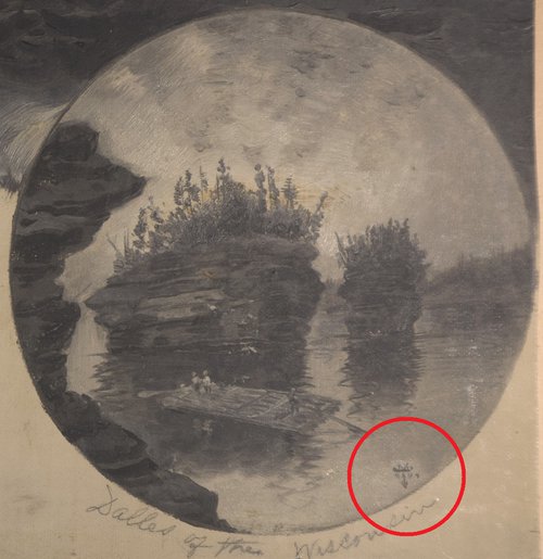 A closeup of Thomas Moran’s signature on the identified drawing