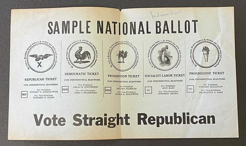 A national ballet from Indiana in 1952, where the dry camel representing the Prohibition Party, remains on the ticket. Campaign Collection.