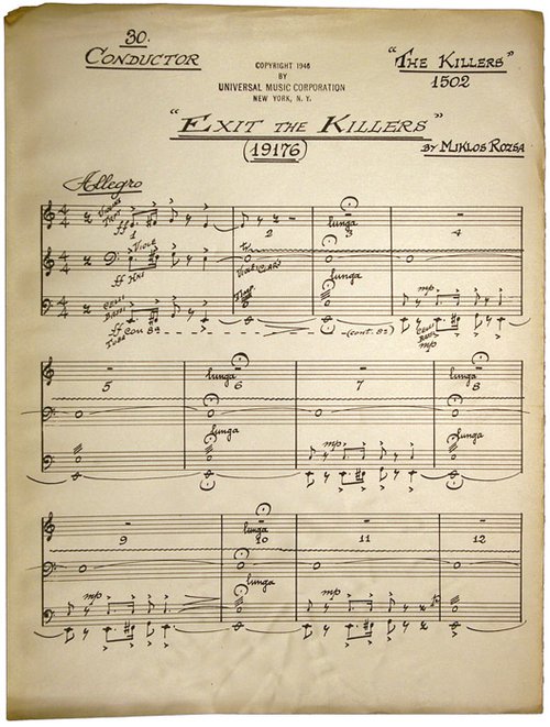 A page of Miklos Rozsa’s compositions for The Killers featuring the famous four-note theme in the first two bars of music. Miklos Rozsa Papers.
