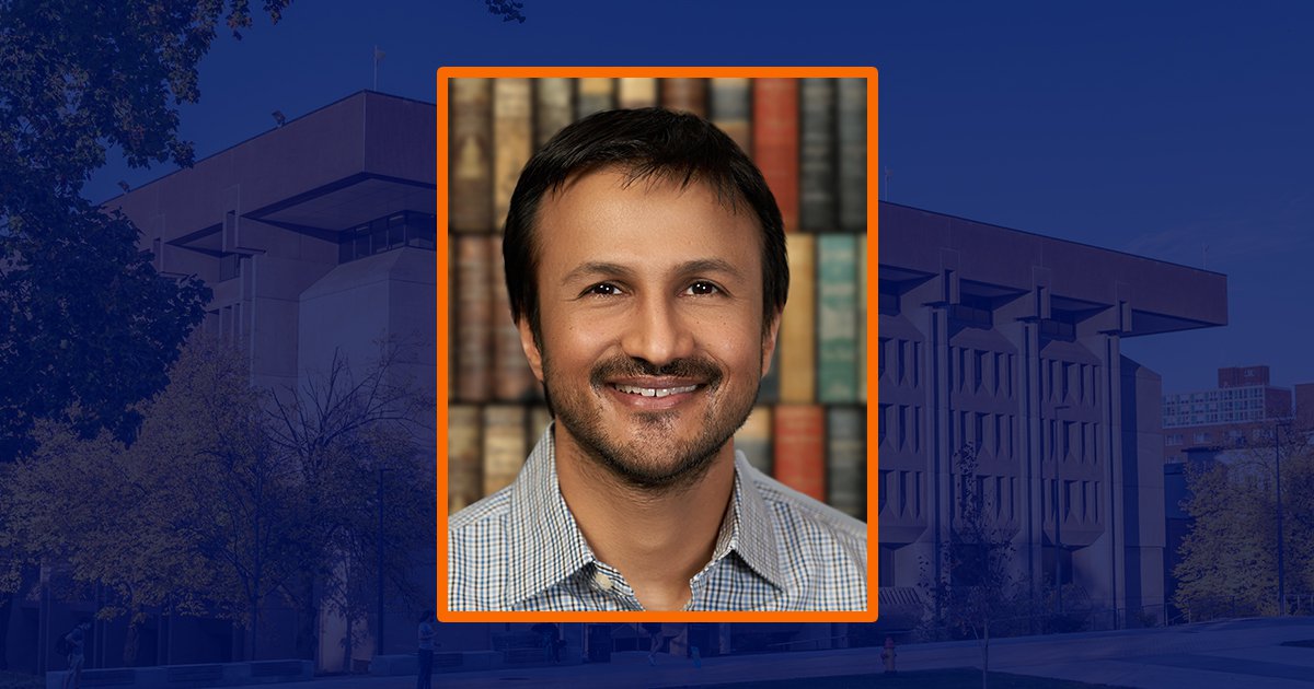 headshot superimposed over blue sepia image of exterior of Bird Library