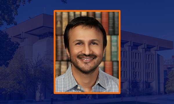 headshot superimposed over blue sepia image of exterior of Bird Library