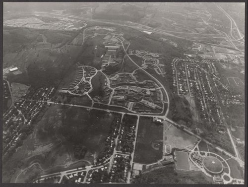 Aerial view of South Campus, including the Skytop Apartments, c. 1970s. Syracuse University Photograph Collection.