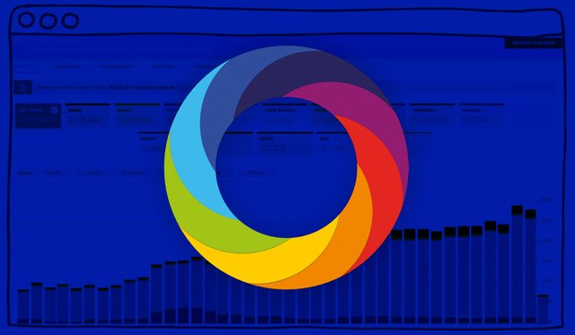Blue background with circular logo containing rainbow of colors in a swirling pattern