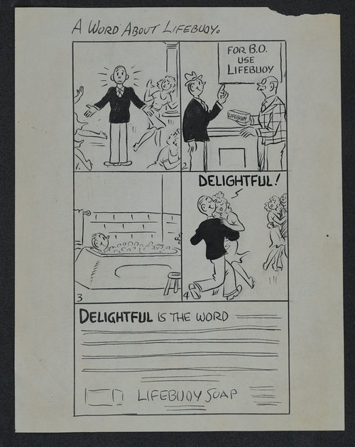 An advertisement for Lifebuoy Soap, detailing how to deal with B.O., designed by Alvah Posen in the 1930s. Alvah Posen Papers.