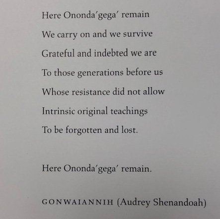 An excerpt from “Onondaga People,” by Gonwaiannih (Audrey Shenandoah) in Toba Pato Tucker’s book Haudenosaunee- portraits of the firekeepers, the Onondaga Nation. Rare books.