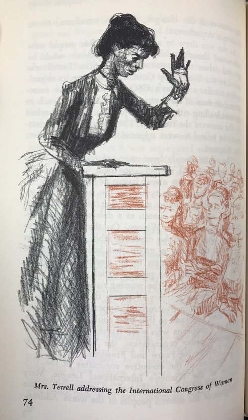 An illustration of Mary Church Terrell addressing the International Congress of Women, illustrated by Ernest Crichlow from Lift every voice, 1965.