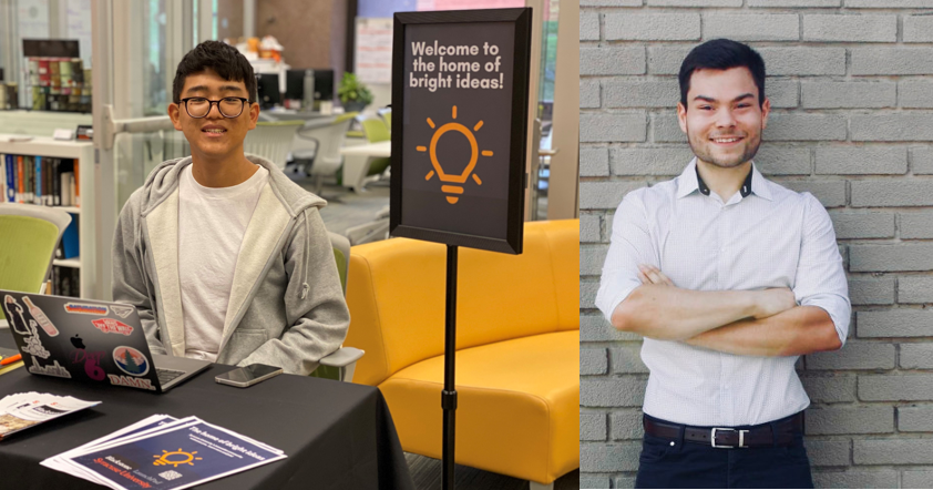 Andrew Kim poses for a photo in front of the Blackstone Launchapad office and Ethan Tyo poses for a photo in front of a gray wall
