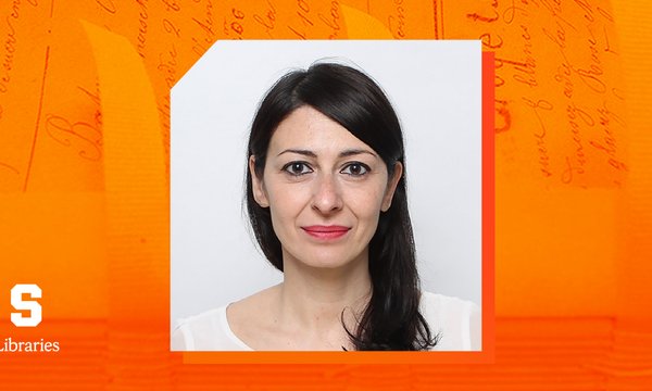 Rectangle portrait of Anna Laganà with orange outline over orange overlaid image of writing on paper