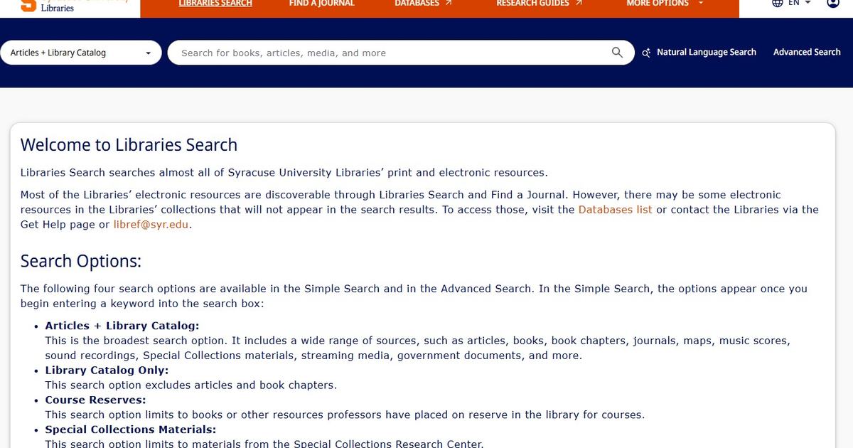 Screenshot of Libraries Search homepage with a welcome message, search options, orange category navigation bar, and options like "Ask Anything" and "advanced search" next to text input search field