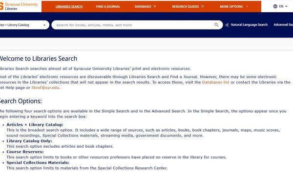 Screenshot of Libraries Search homepage with a welcome message, search options, orange category navigation bar, and options like "Ask Anything" and "advanced search" next to text input search field