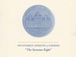 Illustration of Syracuse University Chancellor’s Medal with Hall of Languages depicted in the center, from a 2006 program, awarded to The Syracuse Eight as Student Athletes of Courage