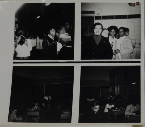 Black-and-white photographs of students at desks.