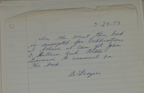 Blue ink on lined paper, handwritten cursive note from 3-29-73 and signed by B. Frazier