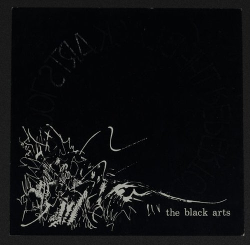 Abstract white design on black background with words "the black arts" near bottom