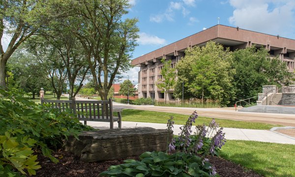 outside of Bird Library building with summer trees and flowers, a bench and blue sky