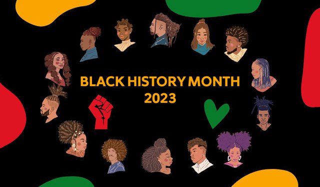 Black background with six abstract yellow, green and red blobs outlining a circle of illustrations of various Black people and hairstyles. Center text reads Black History Month 2023.