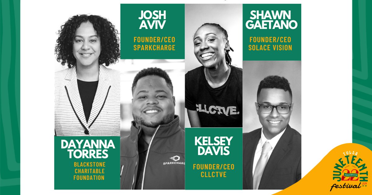 Black Tech Juneteenth poster with photos of Syracuse University alumni Dayanna Torres, Josh Aviv, Kelsey Davis and Shawn Gaetano with green and yellow borders and event information