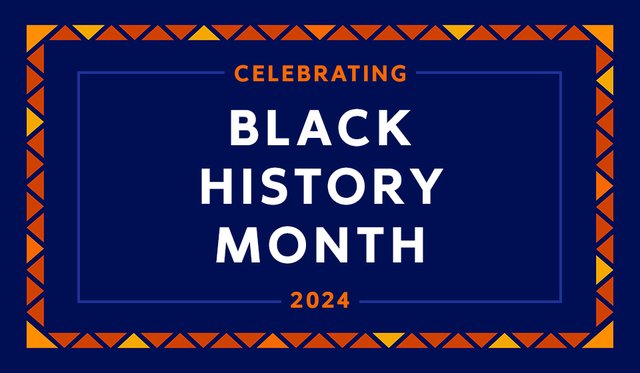 Blue background with orange geometric border and text that reads "Celebrating Black History Month 2024"