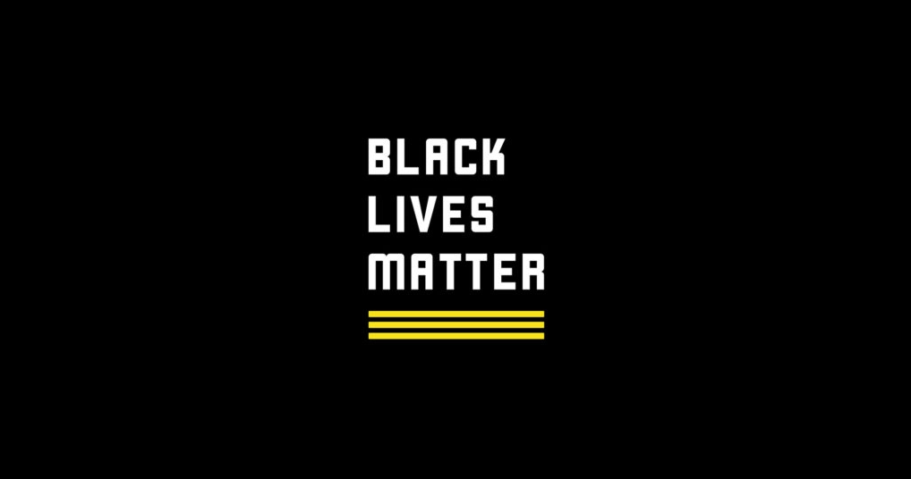 Black background with white text that reads Black Lives Matter and three horizontal yellow lines underneath